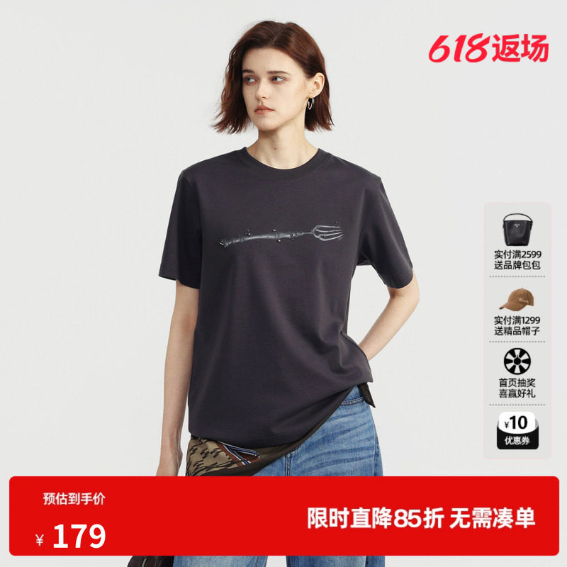 U/TI深灰色莱赛尔短袖T恤女装直筒印花休闲圆领 尤缇2026夏季新款