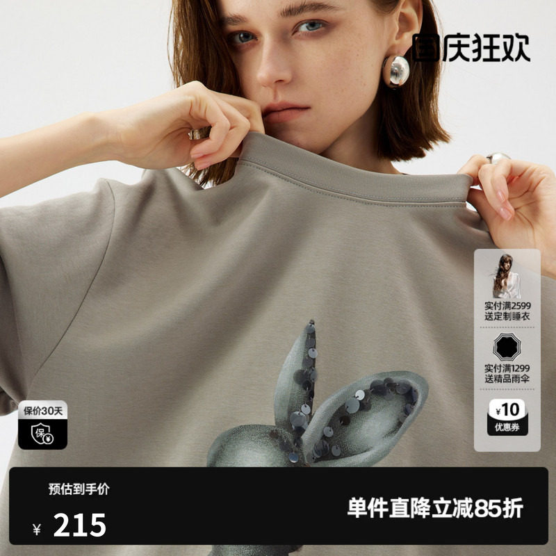 U/TI重工亮片兔子T恤女 百搭棉圆领宽松休闲短袖尤缇2025夏季新款图片