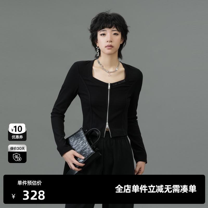 U/TI黑色方领垫肩高腰短款T恤女 百搭双拉链上衣尤缇2025春季新款