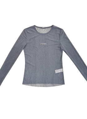 U/TI圆领网纱长袖T恤女 灰色微透弹力修身打底衣尤缇2026春季新款