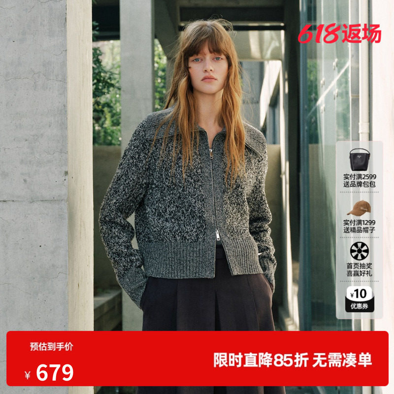 U/TI深灰杂色棉感大翻领拉链毛衫女简约针织外套尤缇2026秋季新款