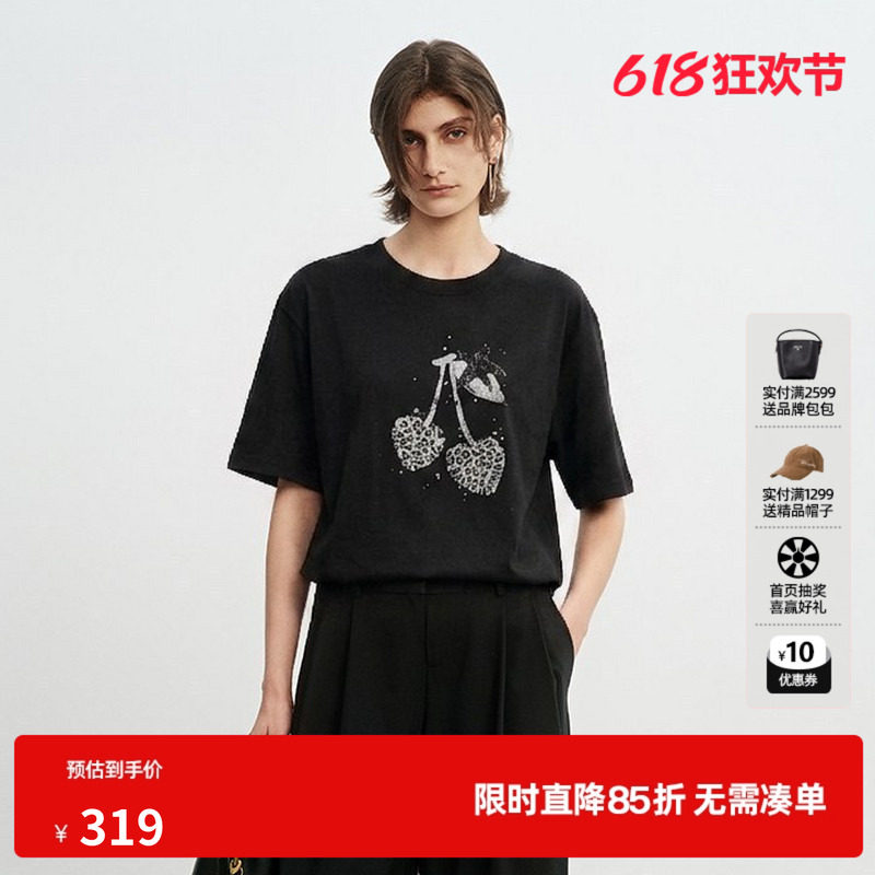 U/TI黑色纯棉豹纹樱桃短袖T恤女宽松落肩休闲T恤尤缇2026夏季新款
