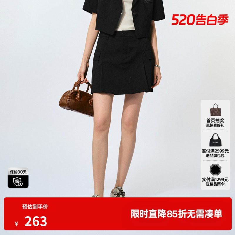 U/TI工装风短裙裤女 设计感百褶裙A字裙黑色短裙尤缇2025夏季新款