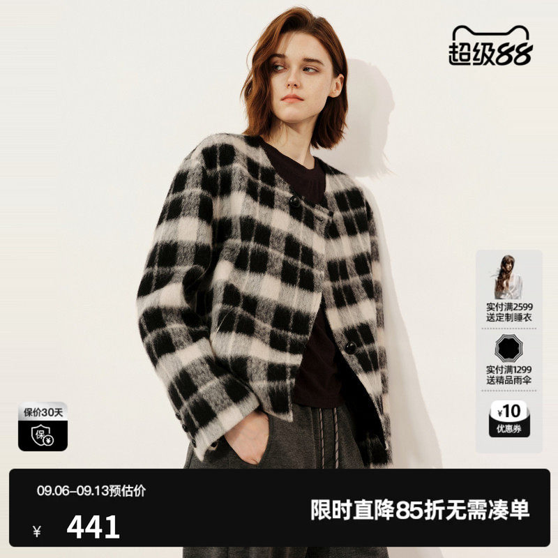 U/TI黑白格纹短款绵短大衣女复古千金风外套尤缇2025冬季羊毛混纺