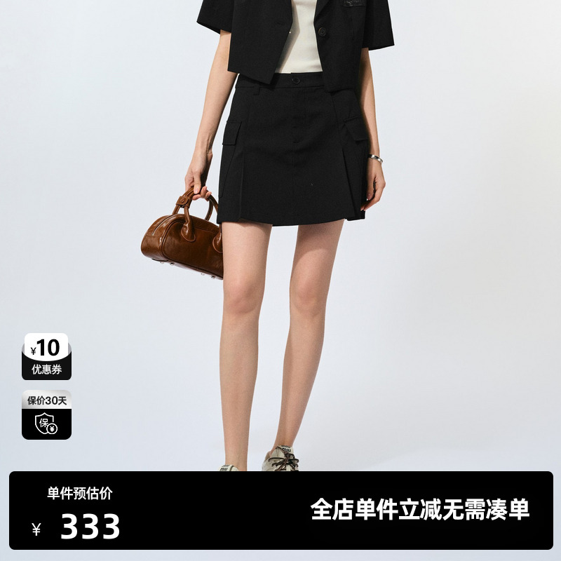 U/TI工装风短裙裤女 设计感百褶裙A字裙黑色短裙尤缇2025夏季新款