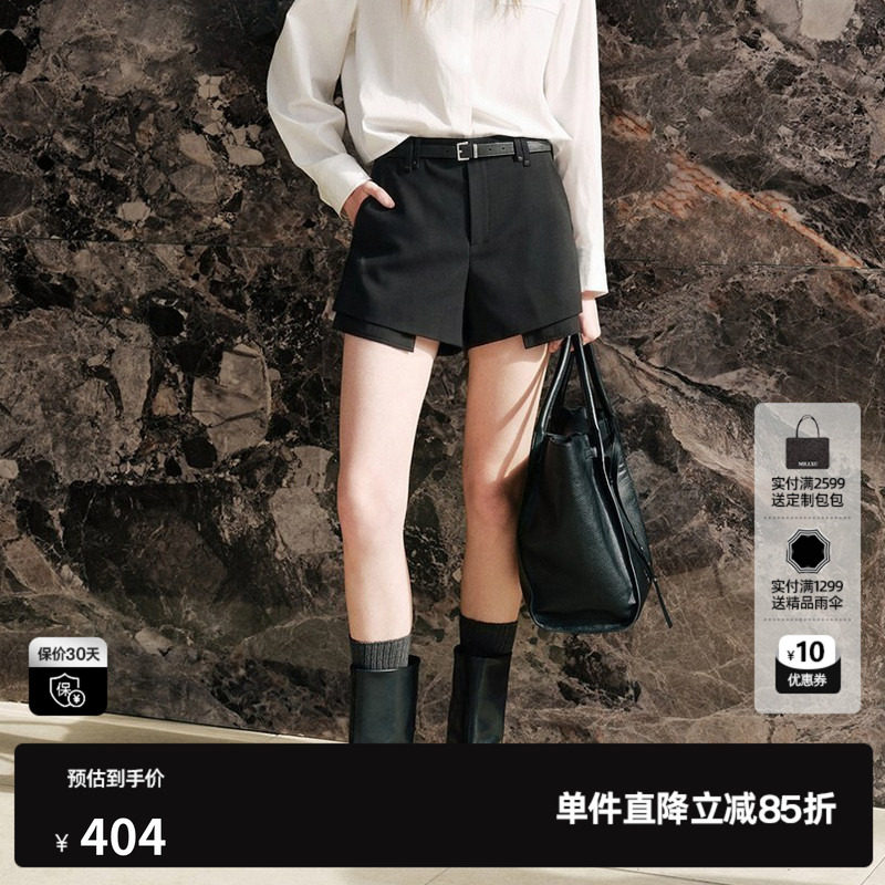 U/TI 黑色配腰带A字休闲裤女拼接假两件西装短裤尤缇2026秋季新款
