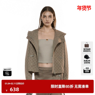 U/TI植绒满版短款风衣女装复古老花抽绳连帽外套尤缇2025秋季新款