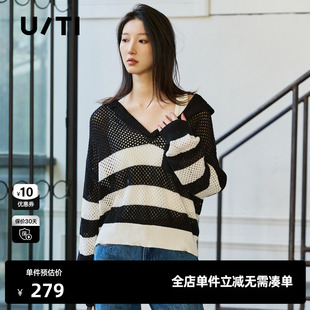 TI针织衫 上衣黑白条纹连帽毛衣女尤缇时尚 休闲套头长袖 春季 新款