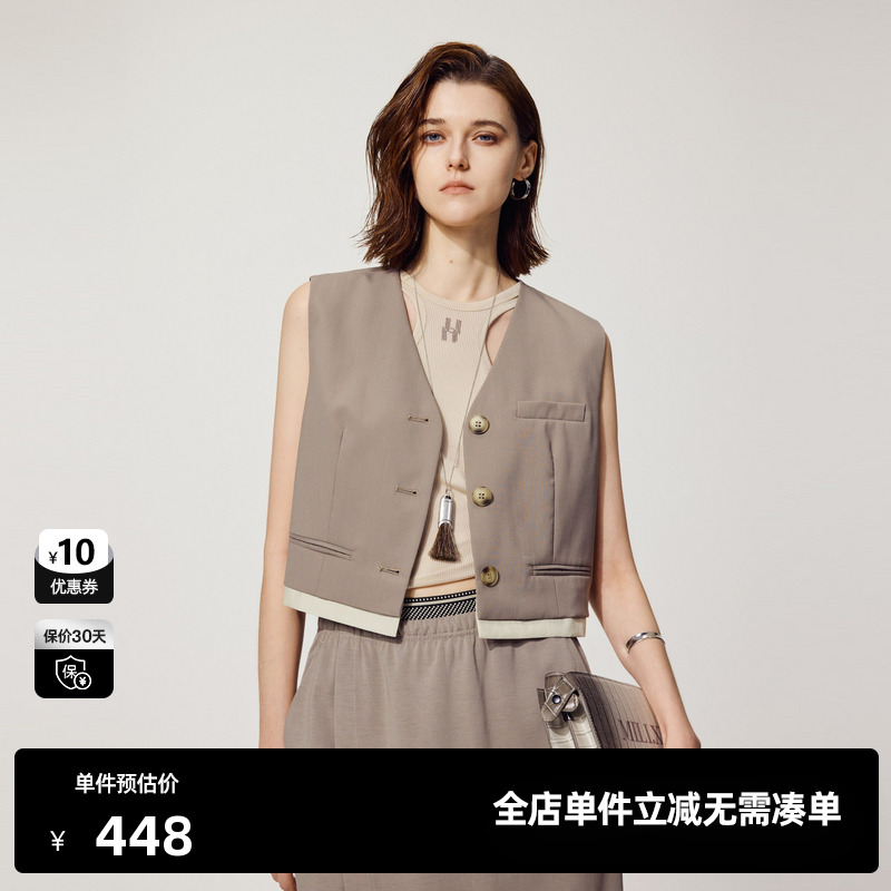 U/TI咖色绵羊毛西装马夹女百搭通勤无领短袖外套尤缇2025夏季新款