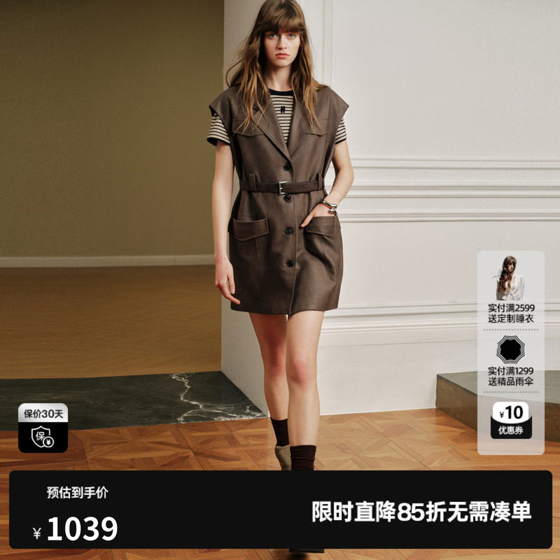 U/TI咖色翻领无袖连衣裙女腰带直筒简约风衣外套尤缇2026秋季新款