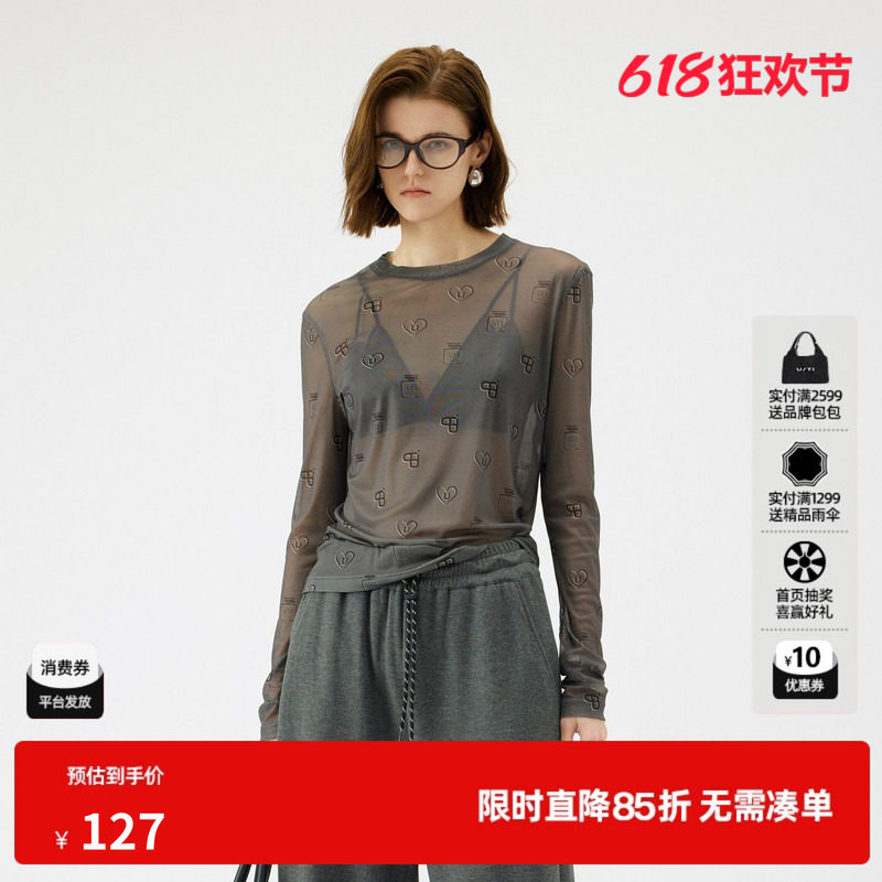 U/TI灰色满版印花薄款皮肤衣女 简约显瘦叠搭T恤尤缇2025秋季新款