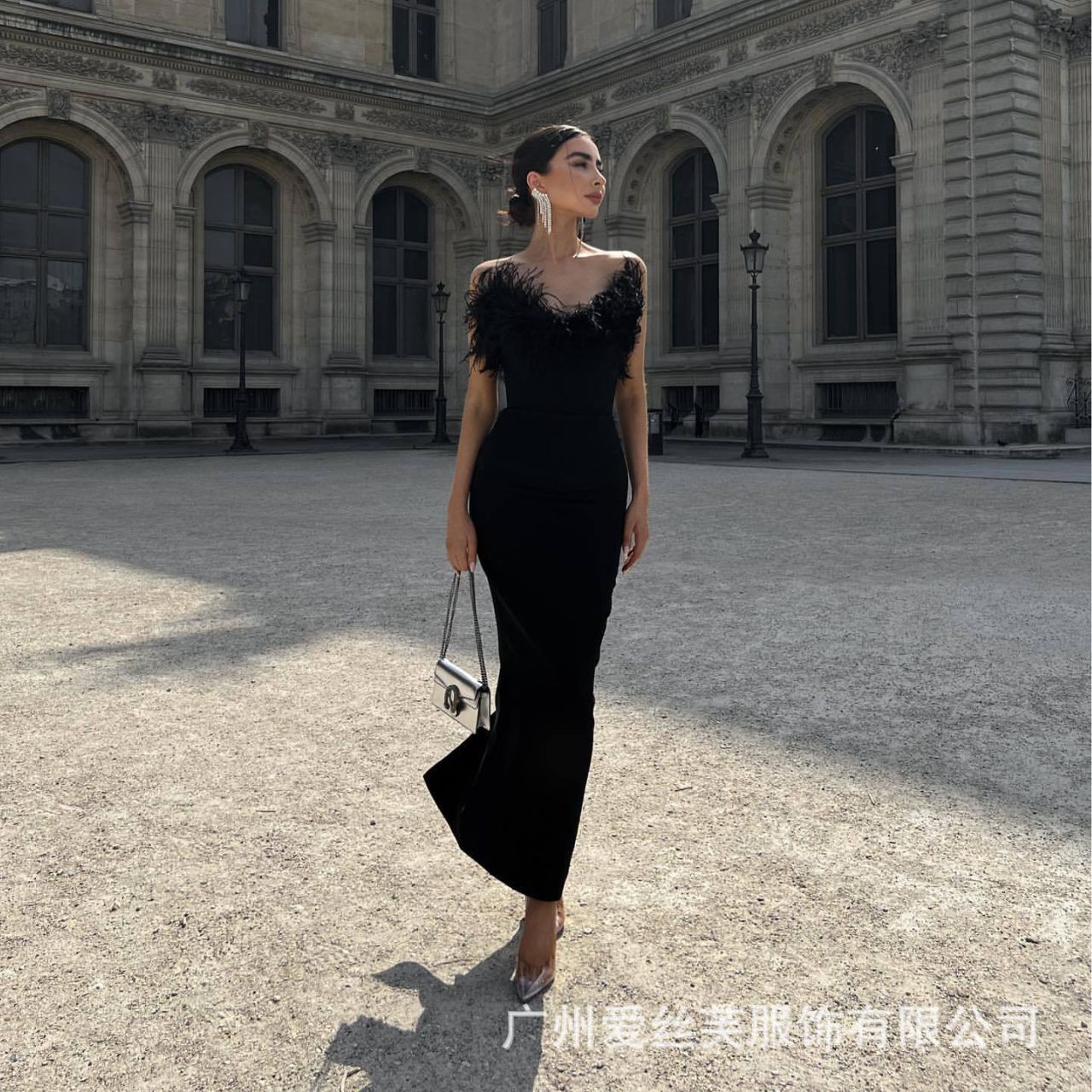 欧美抹胸羽毛绷带连衣裙一件惊艳别致开叉收腰显瘦礼服女