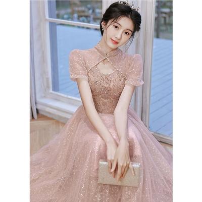 粉色旗袍晚礼服女轻奢小众高端艺考小个子主持敬酒服高级感订婚裙