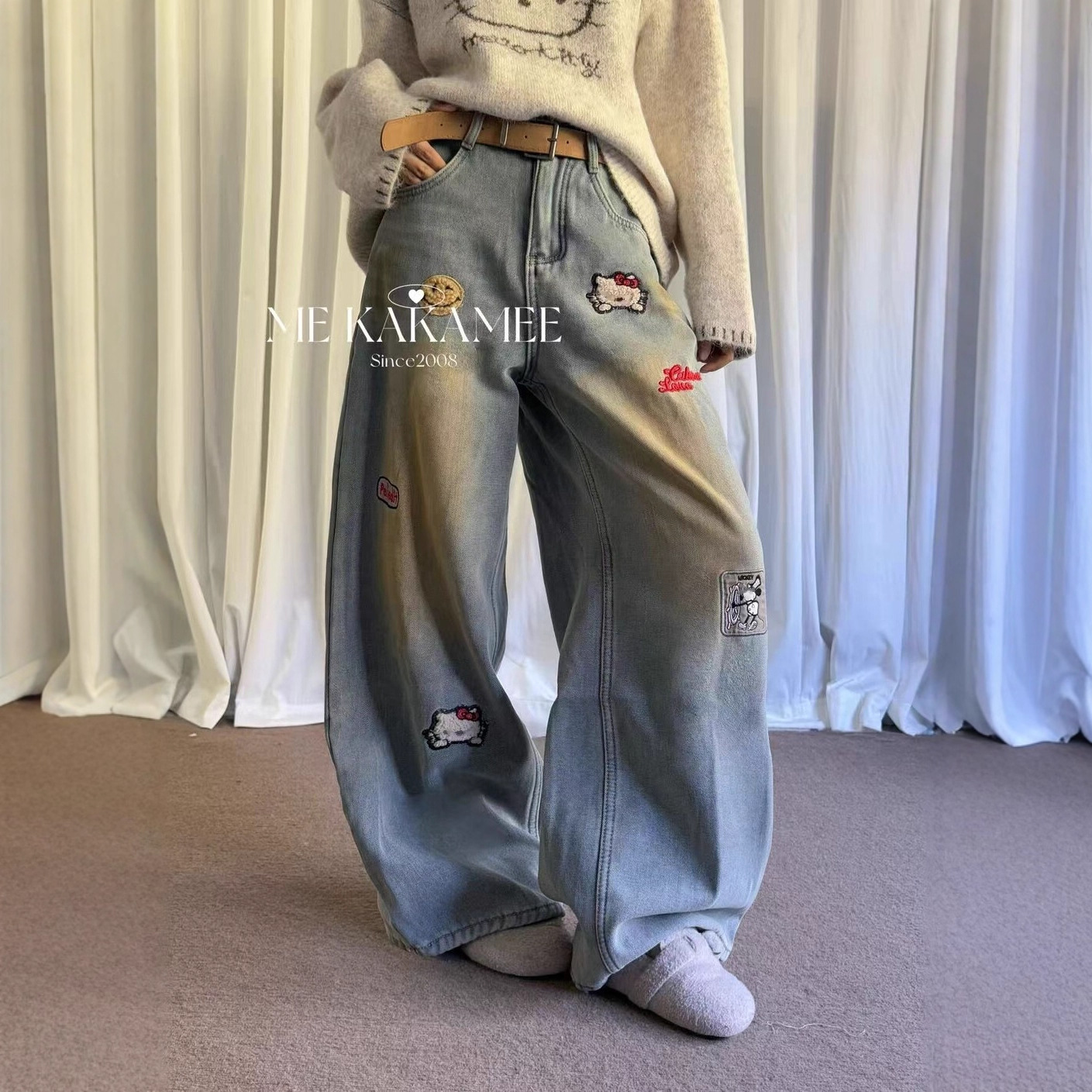 ME KAKAMEE十三行复古植绒卡通KT加绒牛仔裤子女冬 C0638