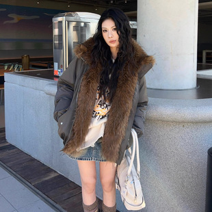 2025新款广州十三行冬季新款仿毛领加厚中长款羽绒服外套女85328