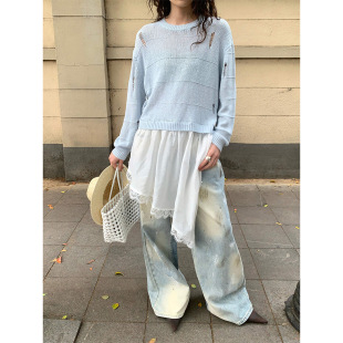 针织衫 慵懒风蕾丝拼接假两件套头毛衫 W2089 新款 2026春季