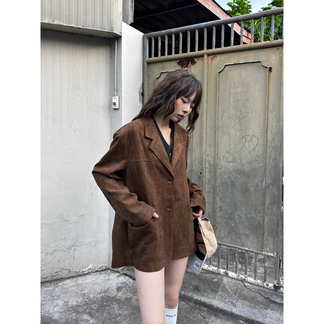 GAGD 焦糖女孩 巴恩风经典复古美拉德麂皮绒廓形夹克西装外套女
