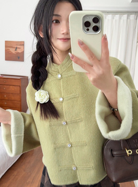 现货SW新中式双面呢外套女25春季国风盘扣绿色短呢子上衣S4WT010