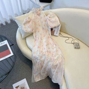新中式 高端氣質長裙子女夏季 泡泡袖 碎花連衣裙 國風改良旗袍年輕款