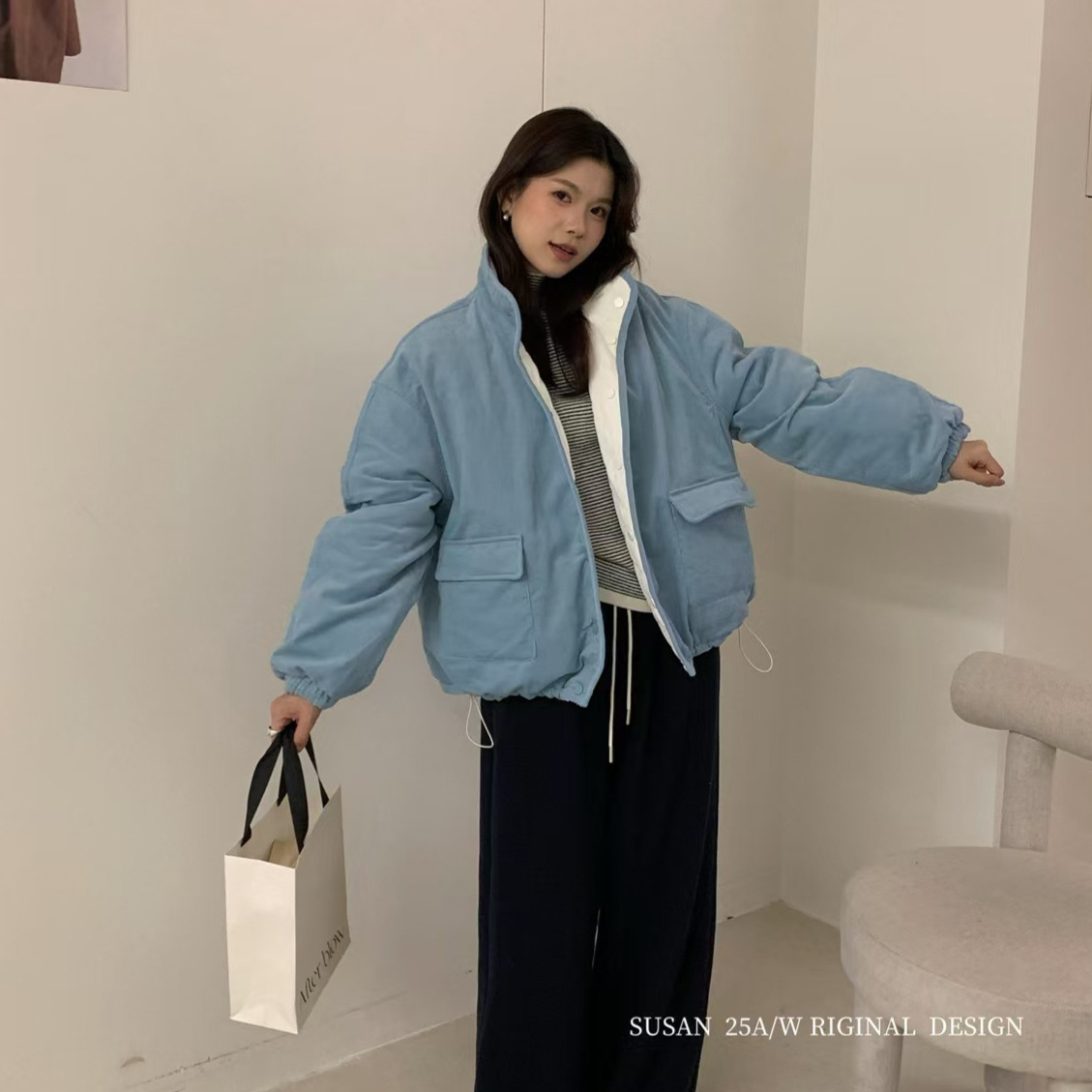 2025新款潮韩版立领两面穿时尚棉衣女秋冬保暖宽松外套女包邮