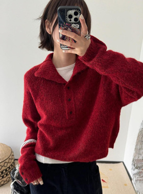 Cor25秋冬新款羊驼毛纯色婴儿半襟衫套头长袖保暖软糯红色女毛衣