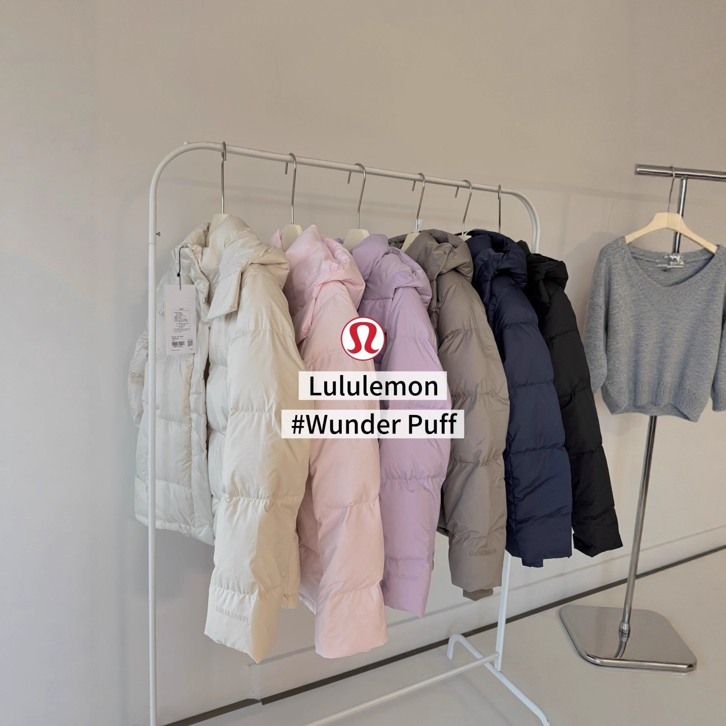 lulu五格泡芙连帽羽绒服男女加厚冬宽松白鸭绒保暖网兜口袋标外套