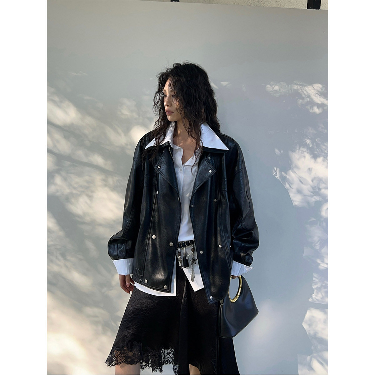 2026春季新品美式复古翻领双门禁拉链飞行员夹克外套皮衣女85861