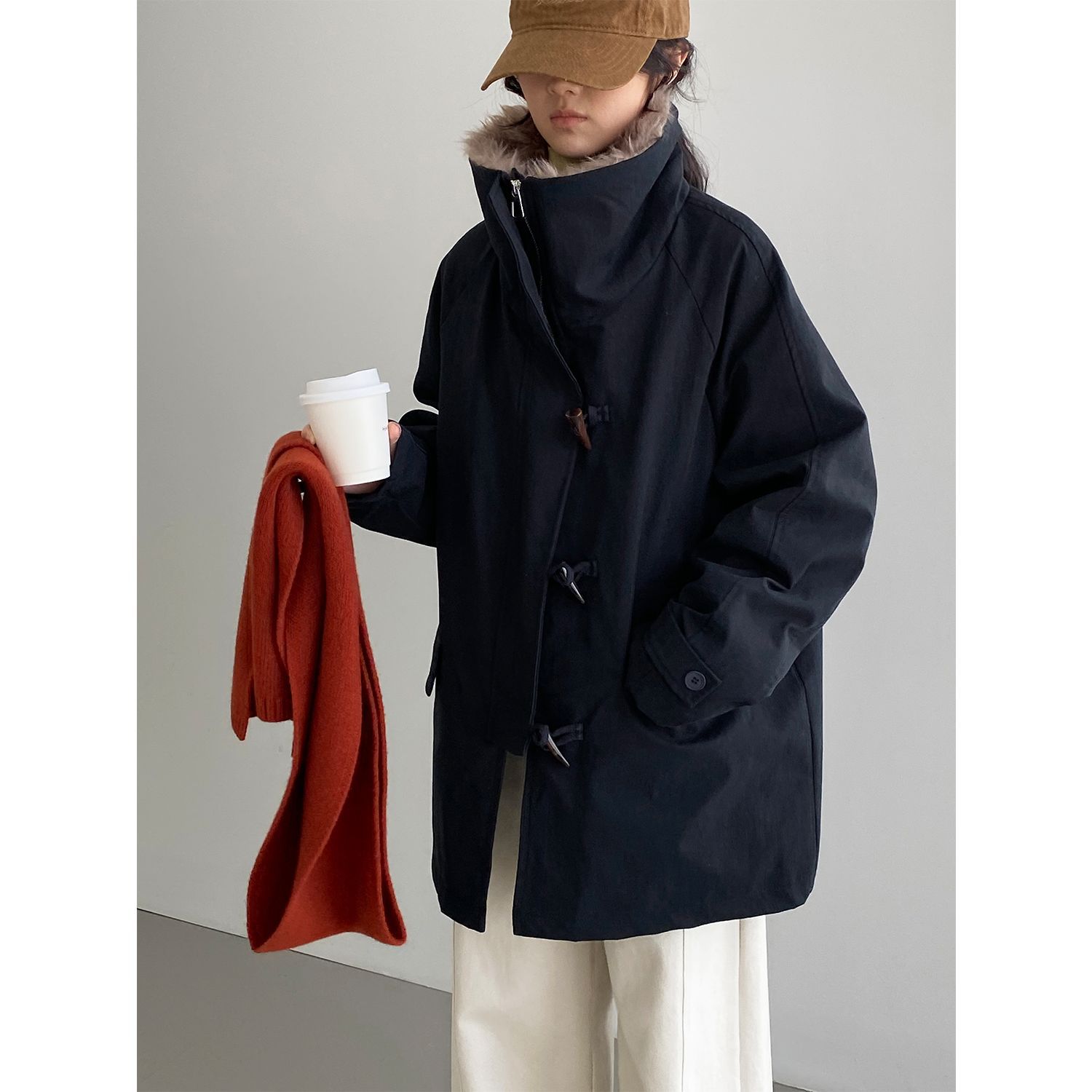 潮牌韩系复古毛领派克羽绒服女牛角扣保暖白鸭绒工装夹克外套