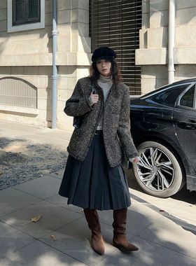 2025冬季新款法式复古中长款羊毛外套白鸭绒内胆小香风上衣85525