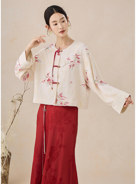 SHIBAI拾白 红叶 新中式国风立体人丝提花盘扣秋款小衫长袖女上衣