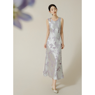 SHIBAI拾白 堇澜 清冷紫高级感新中式提花连衣裙人丝爆款国风长裙