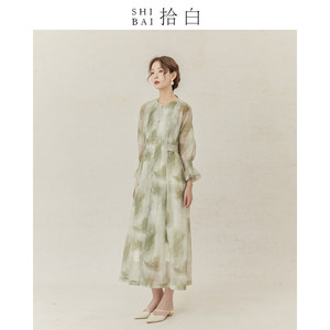 拾白新中式 烟雨江南 原创简约时尚连衣裙女夏季复古水墨圆领长裙
