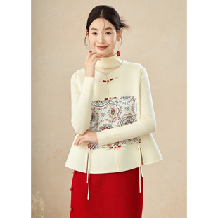 SHIBAI拾白 福禄 秋冬新中式旗袍马甲国风拼绣订婚敬酒服半裙套装