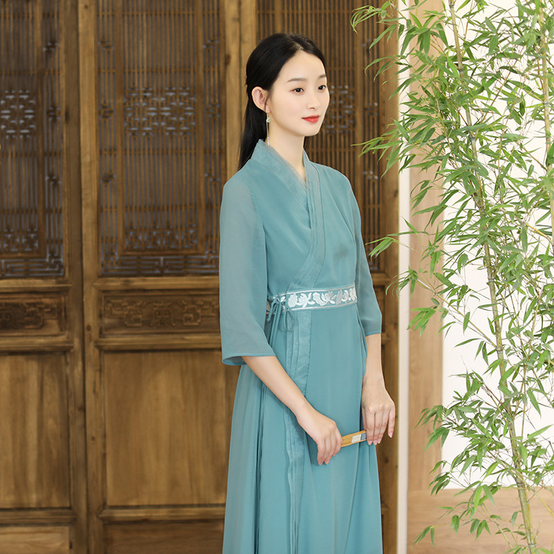 SHIBAI拾白新中式2025夏中国风女款改良汉服长款仙气雪纺连衣裙