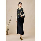 SHIBAI拾白原创缎面新中式 织锦提花黑色国风盘扣女马夹 春秋新款