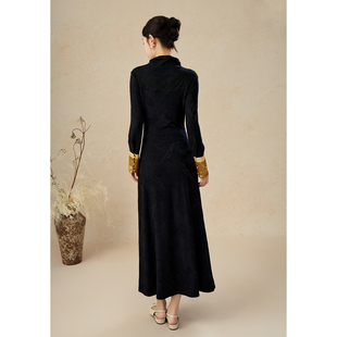 百搭黑色打底连衣裙 针织暗纹提花国风修身 SHIBAI拾白拼接袖 新中式