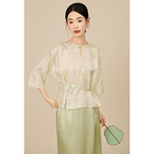 改良套装 禅意手绘淡彩圆领桑蚕丝上衣新中式 烟雨青瓷 SHIBAI拾白
