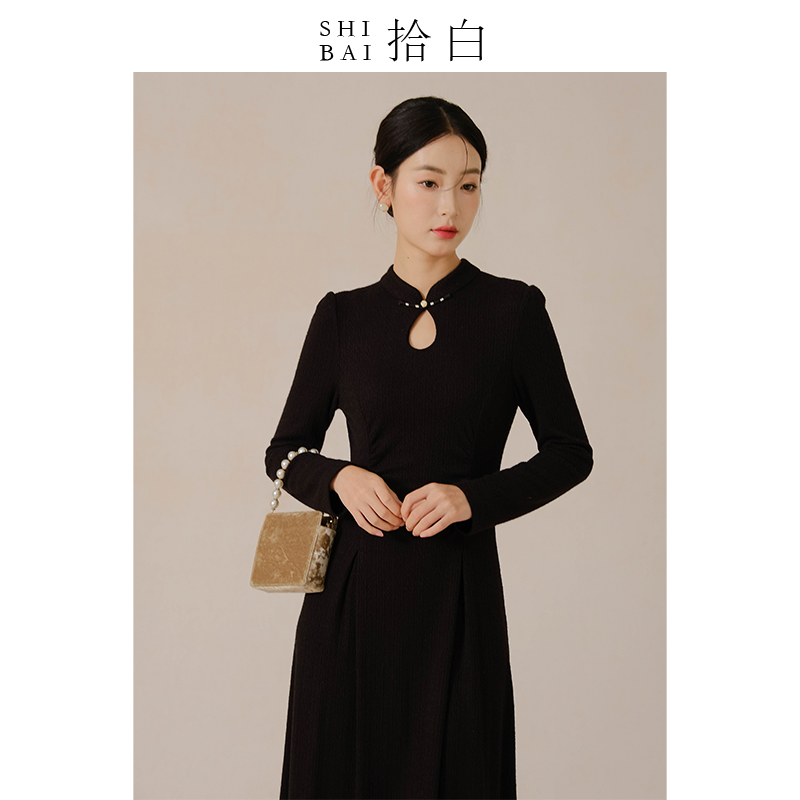 SHIBAI拾白原创新中式连衣裙秋冬黑色修身气质通勤针织改良旗袍