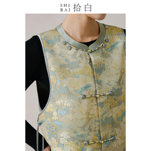 SHIBAI拾白新中式马甲原创复古国风秋新款坎肩缎面流苏提花上衣