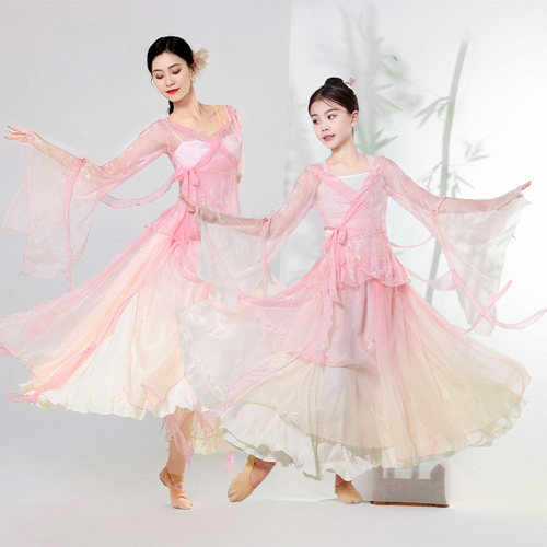 儿童中国风演出服古典舞飘逸纱衣大裙摆女童练功服少儿舞蹈扇子舞