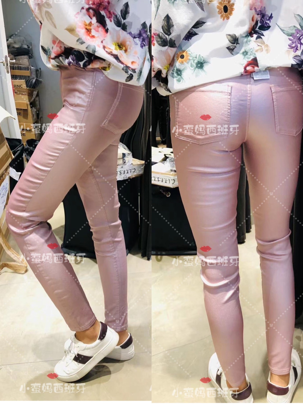 Calzedonia 低调闪片粉色皮裤高腰弹力涂层牛仔裤modp0870