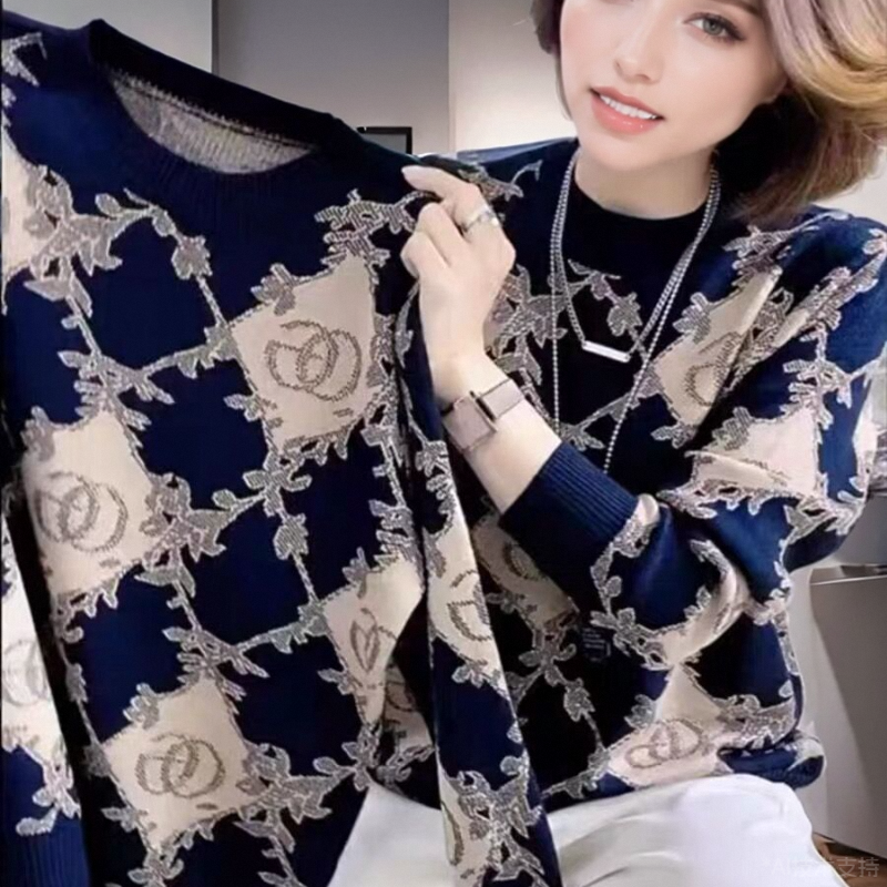秋冬加绒高级感重工工艺春秋欧货圆领花色卫衣女时尚宽松打底上衣