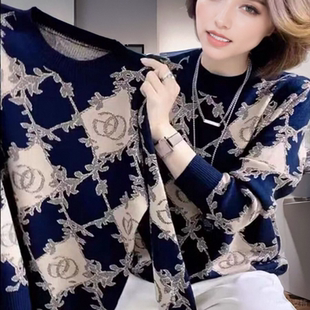 春秋冬季加厚高级感重工工艺欧货圆领花色卫衣女时尚宽松打底上衣