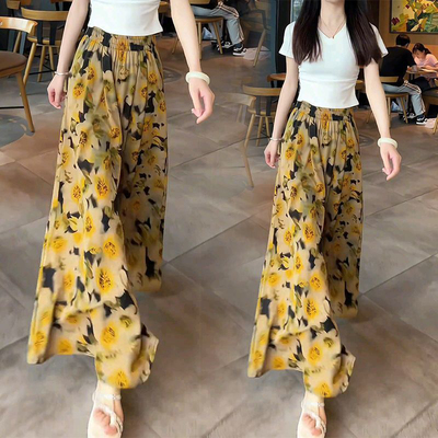 大码复古高级感洋气碎花阔腿裤子春夏高腰时尚显瘦气质减龄裤裙女