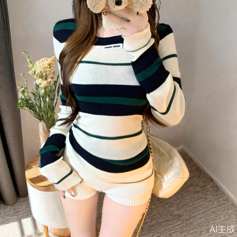 巨好看的秋冬新款条纹打底衫女