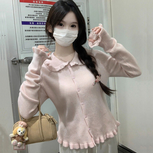 甜美风娃娃领花边针织开衫女上衣春秋冬时尚减龄打底毛衣长袖T恤