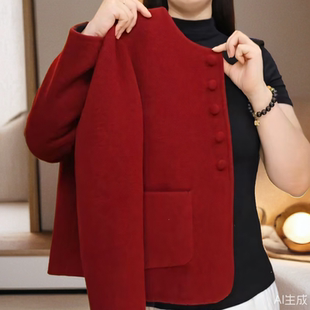 年轻妈妈装夹克开衫大衣短款春秋冬婚宴洋气红色小香风毛呢外套女