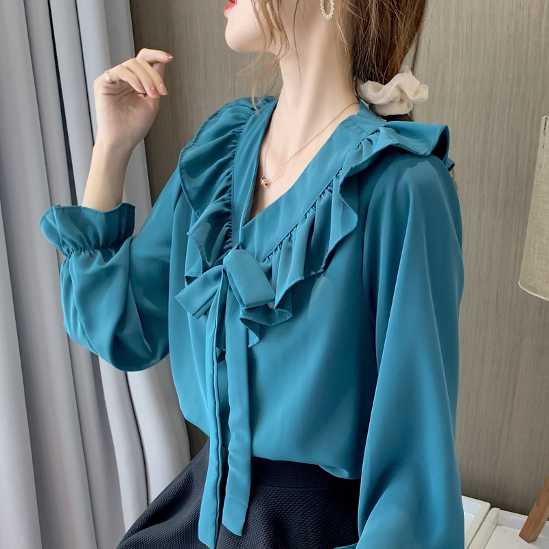 现货红色上衣女复古法式春秋季2021新款设计感小众长袖雪纺娃娃领