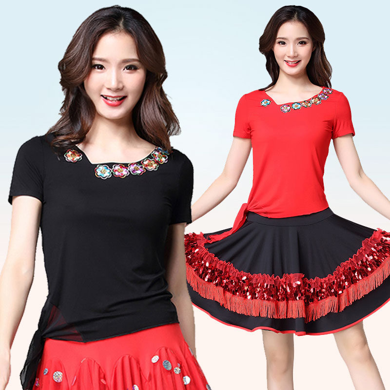 广场舞新款莫代尔短袖上衣女夏绣花舞蹈衣服跳舞裙子练习演出服装