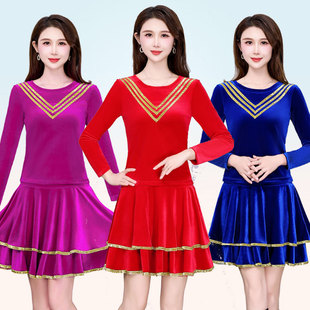 跳舞上衣舞蹈裙套装 金丝绒洋气长袖 中年演出服 高档广场舞服装 新款